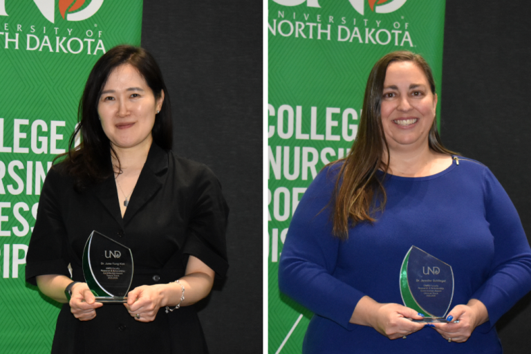 Composite Graphic of both Dr. June-Yung Kim and Dr. Jennifer Schlinger holding their awards
