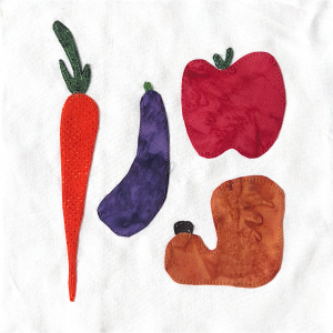 A quilt graphic showing a vegetables and fruits