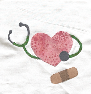 A quilt image of a heart, green stethoscope, and a bandaid.