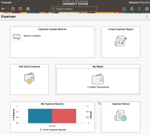 North Dakota University System financial expenses dashboard in PeopleSoft. The screen displays tiles for ‘Expenses System Notices’ (with Tips for Locations), ‘Create Expense Report,’ ‘Add Quick Expense,’ ‘My Wallet’ (showing 0 wallet transactions), ‘My Expense Reports’ (chart indicating 2 active pending reports), and ‘Expense History.’ Navigation bar and search menu appear at the top.”