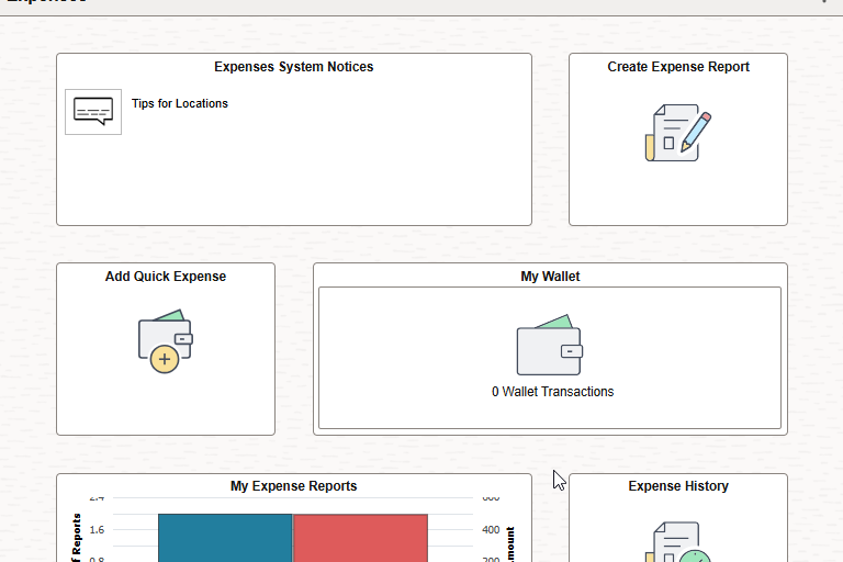 North Dakota University System financial expenses dashboard in PeopleSoft. The screen displays tiles for ‘Expenses System Notices’ (with Tips for Locations), ‘Create Expense Report,’ ‘Add Quick Expense,’ ‘My Wallet’ (showing 0 wallet transactions), ‘My Expense Reports’ (chart indicating 2 active pending reports), and ‘Expense History.’ Navigation bar and search menu appear at the top.”\