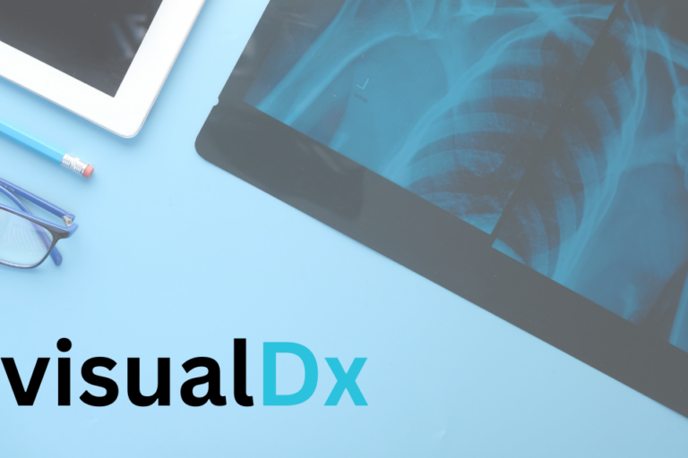 A blue background with an image of a chest X-Ray in the top right, a digital screen in the top left with a pencil and pair of glasses underneath the tablet and the word "VisualDX" in the bottom left