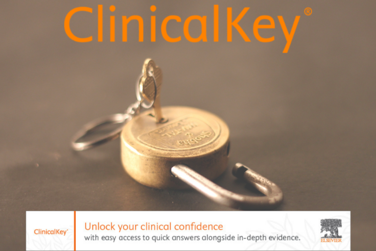 A gold padlock, unlocked with a key inside and the word "ClinicalKey" in orange above and the text "Unlock your clinical confidence with easy access to quick answers alongside in-depth evidence." below the image