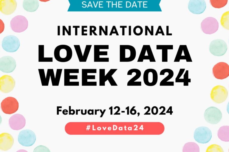 Texts state International Love Data Week 2024 February 12-16, 2024 with hashtag Love Data 24 on a white background with some colored dots