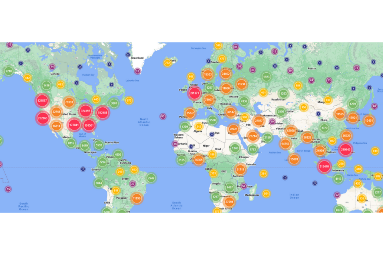 a world map of downloads by country for UND SMHS Scholarly Commons Collections, with downloads represented in colored bubbles over the countries represented. The east coast nd the southeast of the United States have the largest download counts from 260,085 to 119,827, followed by the western United States, the United Kingdom, Sweden, Southeast Asia, and South Africa, with counts between 97 and 10 thousand downloads
