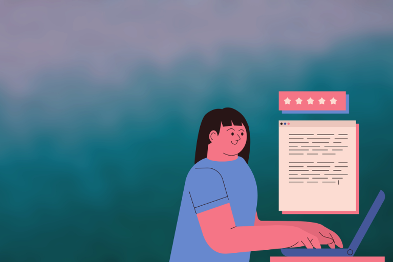 an illustration of a person with black hair and bangs smiling as they sit and type on a laptop computer, with a five-star icon and a stylized image of a page of text floating in front of the computer screen