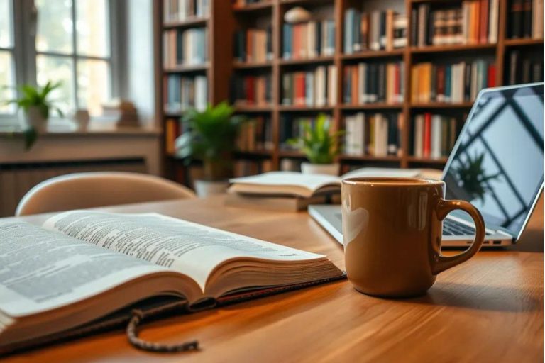 Open book and laptop with a cup of coffee on a desk in a library setting.