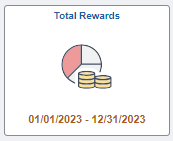 Grey background with white square. Top of square has blue lettering "Total Rewards". Middle of square has a grey pie chart with 1/3 red, and two piles of coins in front of the pie chart. Red lettering at the bottom "01/01/2023 - 12/31/2023".