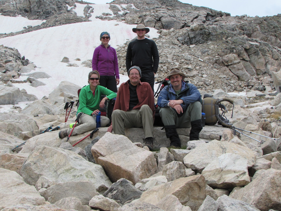 Continental Glacier research team 2014: left to right, Sami Swartz, Robbie MacDonald, Dr. Greg Vandeberg (center front), Christian Sovak, and Dr. Jeff VanLooy.