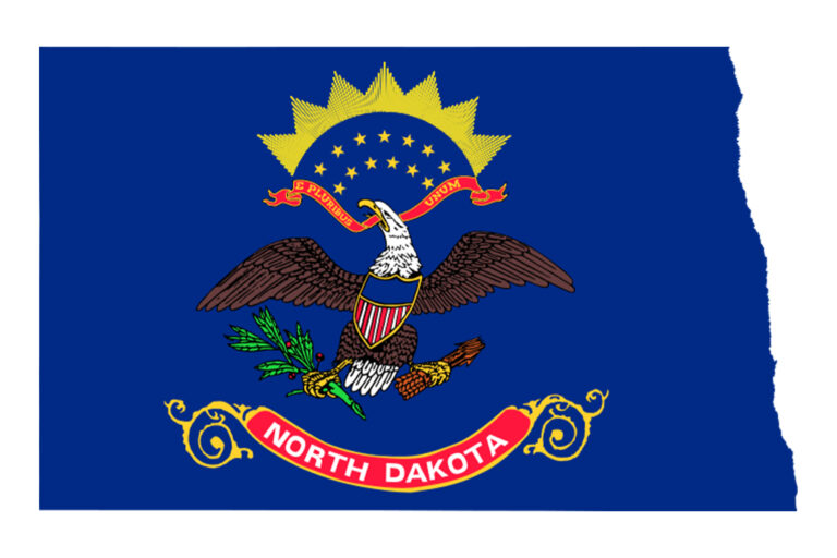 North Dakota flag illustration over state-shaped backdrop