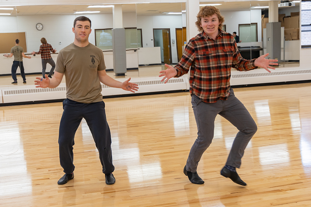 Alexander Collins and Oliver van Tiel dance in Theatre Arts class