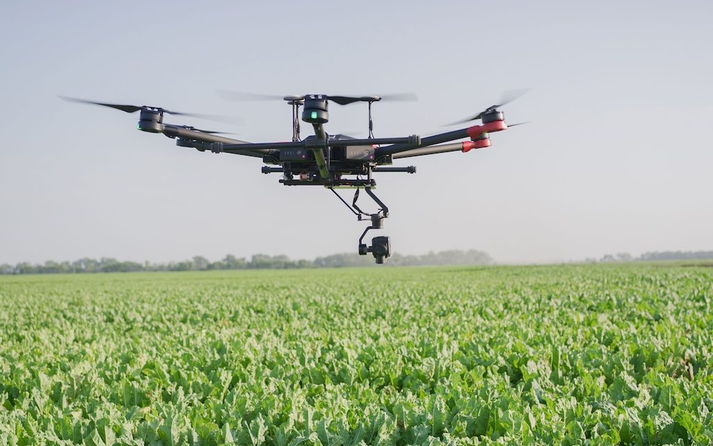 UAV flies low over farm field