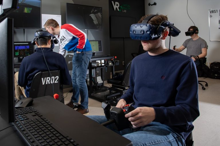 Students use virtual-reality equipment in the University's Aerospace School.