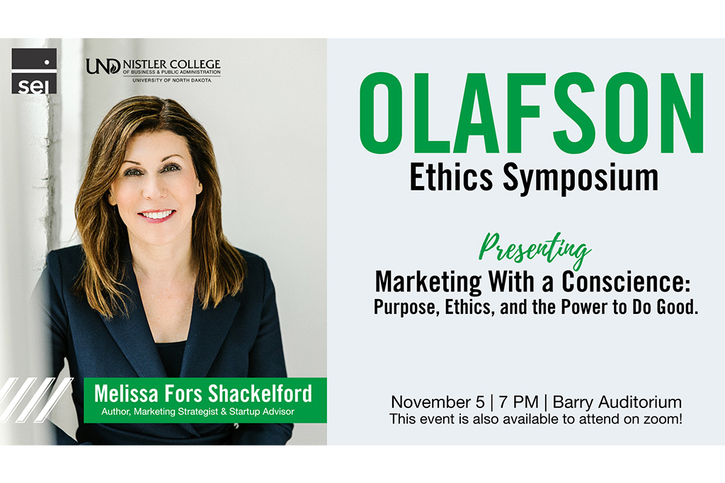 Headshot of Melissa Shackelford with text on Olafson Ethics Symposium