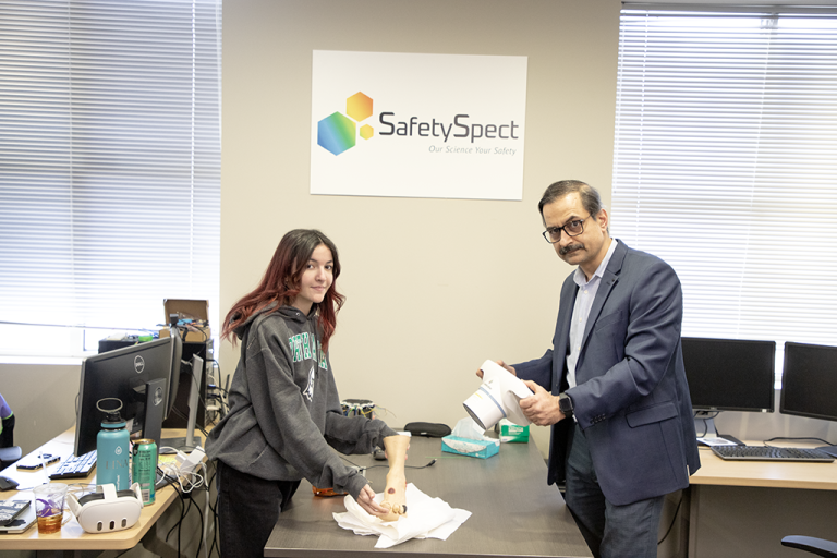 Kouhyar Tavakolian, professor of Biomedical Engineering and director of UND's Bioinnovation Zone, and graduate student Lina Bouakkaz
