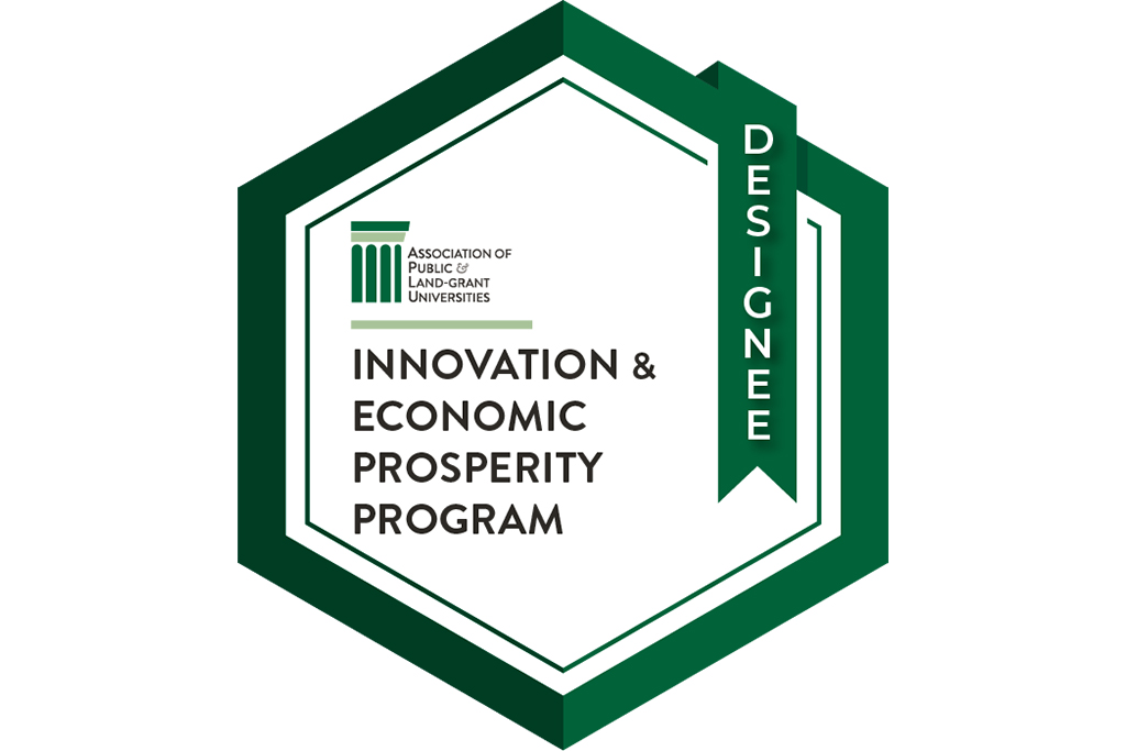 Designee badge with APLU logo and text: innovation and economic prosperity program designee