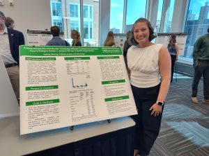 College student standing next to a poster presentation.