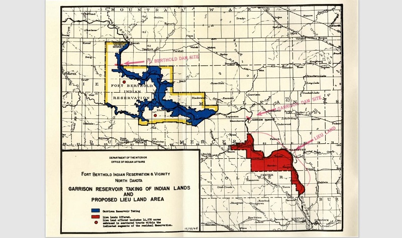 In 1946, the War Department made an offer of land below the proposed Garrison Dam in return for the land that the dam and its new lake would consume. But most of the “lieu land” was nowhere near as fertile or valuable as the land that would be taken, the Tribal Council and MHA Nation argued, using the above map and other documents as evidence. Web screenshot of map from the William Langer Papers at UND.