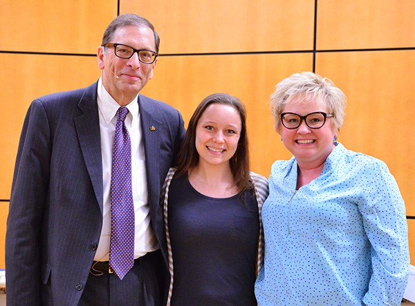 Dean Joshua Wynne, second-year medical student Anna Melicher, and assistant professor Mandy Meyer at the 2018 UND School of Medicine and Health Sciences Sophomore Awards