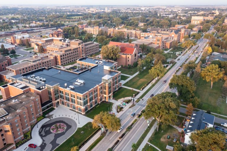 Aerial view of campus, University Avenue