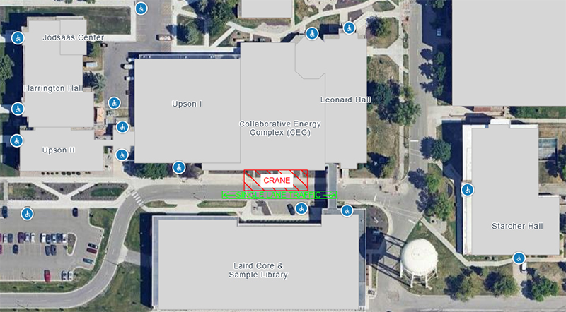 Map view of Campus Road and work area near Collaborative Energy Complex. Red box marks crane position and green line marks traffic flow.