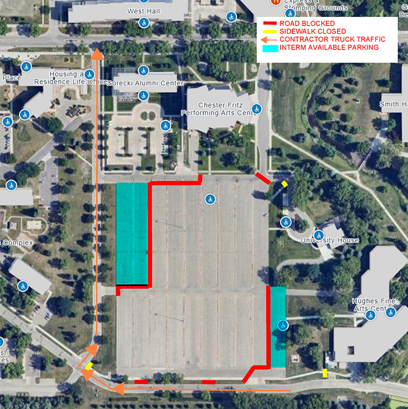 Overview of Chester Fritz Performing Arts Center Parking lot shows red lines over blocked entry points, yellow lines at closed sidewalks to south and northeast of lot, as well as orange arrows along roads near the lot to show traffic routes. Teal blocks show open parking areas.
