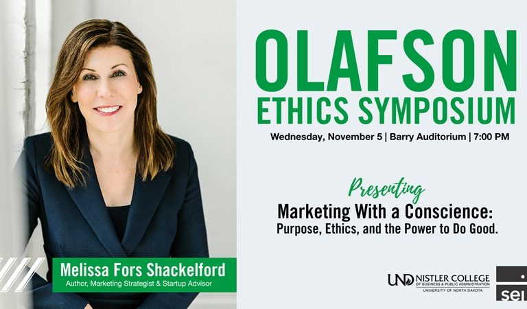 Headshot of Melissa Shackelford next to description of Olafson Ethics Symposium