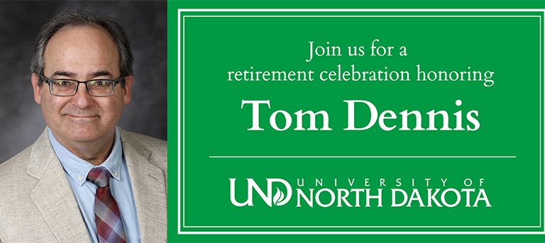 Headshot of Tom Dennis next to text: Join us for a retirement celebration honoring Tom Dennis