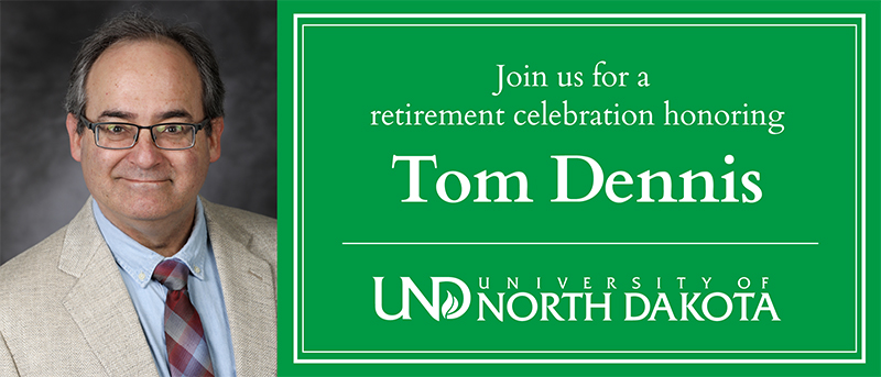 Headshot of Tom Dennis next to text: Join us for a retirement celebration honoring Tom Dennis