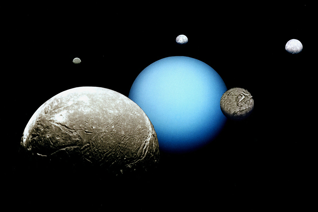 Rendering of Uranus and its moons