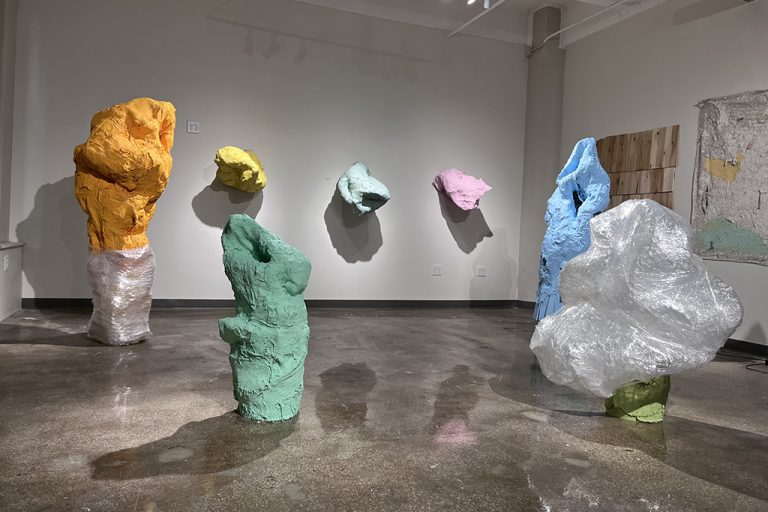 Pastel-colored abstract statues stood and mounted on wall of gallery