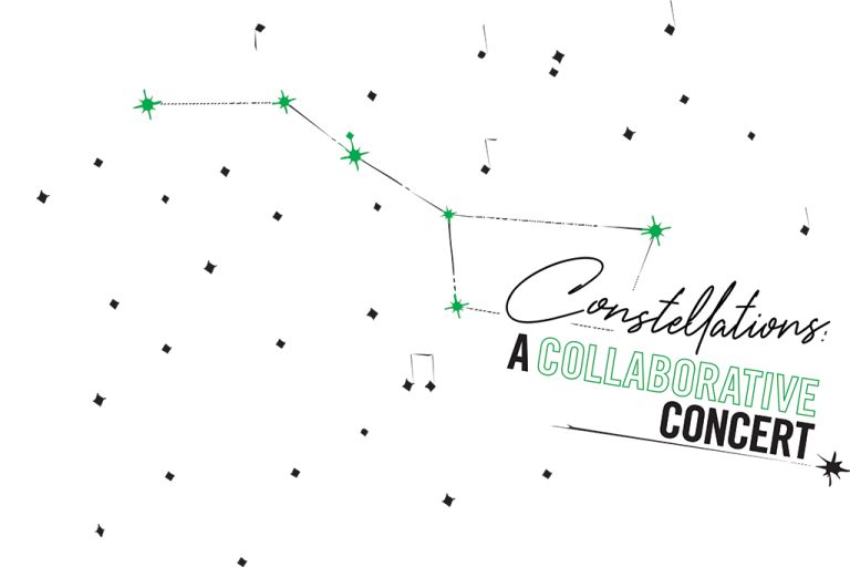 Black stars dot white background with text: constellations, a collaborative concert