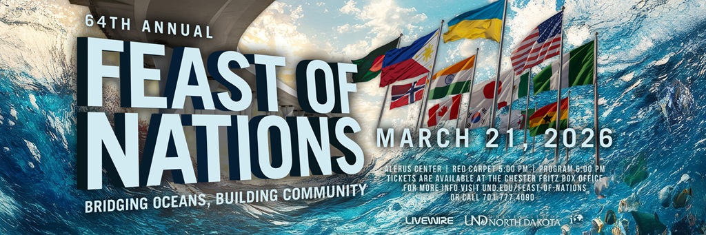 A bridge extending over parted waters with flags and text in foreground: 64th Annual Feast of Nations, bridging oceans, building community