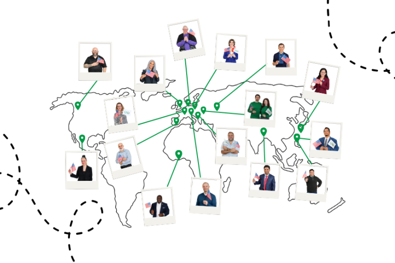 Collage of polaroid pictures of individuals with arrows from each pointing to different places on world map