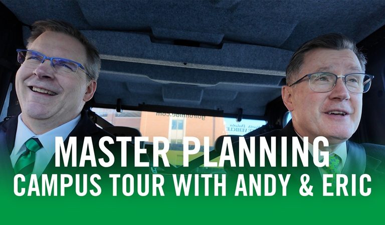 Andy Armacost and Eric Link sitting side by side with text: master planning, campus tour with Andy and Eric