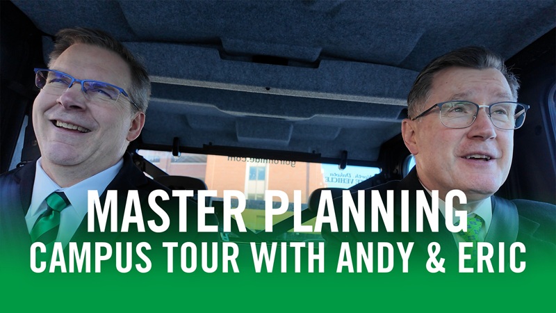 Andy Armacost and Eric Link sitting side by side with text: master planning, campus tour with Andy and Eric