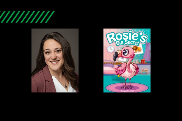 Split image with headshot of Bridget Meranda and cover of Rosie's Big Secret