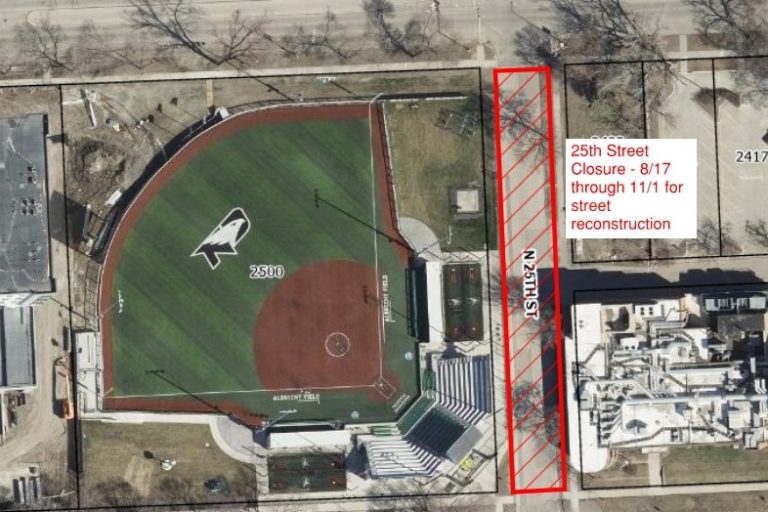 Map overview of North 25th Street near Albrecht Field with red box outlining construction zone. Text overlayed on map: 25th Street closure, 8/17 through 11/1 for street reconstruction