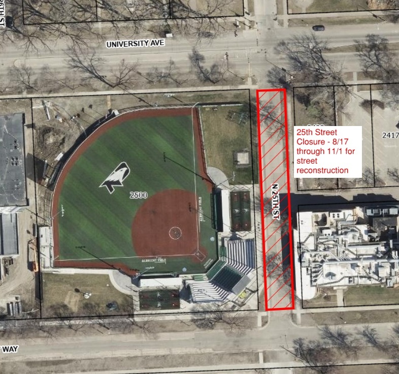 Map overview of North 25th Street near Albrecht Field with red box outlining construction zone. Text overlayed on map: 25th Street closure, 8/17 through 11/1 for street reconstruction