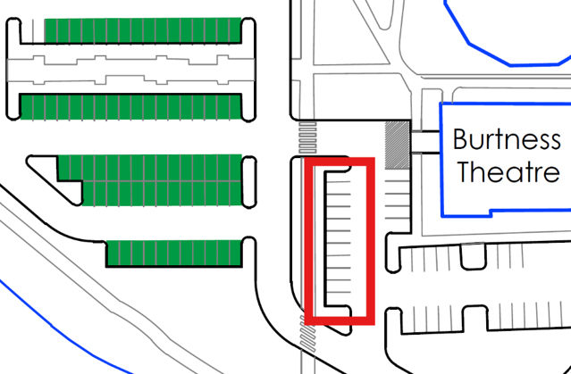 View of Burtness Parking lot shows employee parking in green to west of new parking area for NPCC in red rectangle.