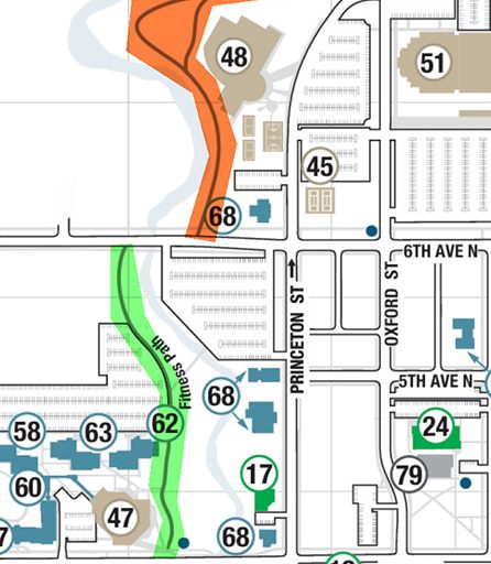 Campus map showing area of trail closures. First phase in orange and second phase in green.