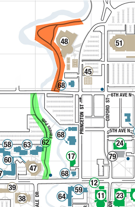 Campus map showing area of trail closures. First phase in orange and second phase in green.