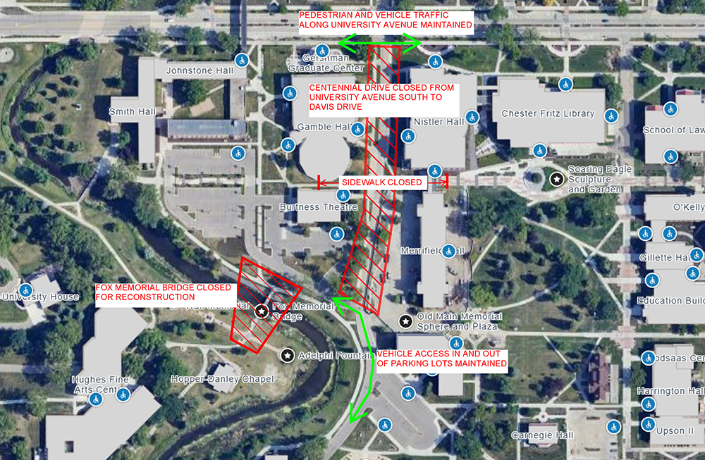 Campus map centered on Centennial Drive with red hashes showing the closure area from University Avenue to Davis Drive. Red hashes also cover the area of Fox Memorial Bridge, signifying its closure. Green arrows along University Avenue and Davis Drive signify that those streets will remain open.