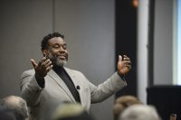 The Rev. Jamie Washington engages a standing-room-only audience Monday at UND's Gorecki Alumni Center as part of the second Eye of the Hawk Lecture held on campus. Photo by Jackie Lorentz.