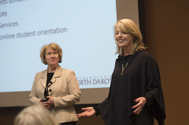 Lynette Krenelka, (left) director of UND Extended Learning, and Anne Kelsh, (right) program director for Instructional Development, take part in a recent seminar, called called “Thinking Strategically: Planning for Online Degree & Certificate Program Development.” It was the first session of a semester-long professional development series called “Enhancing and Expanding Student Learning in Changing and Challenging Times.” Photo by Jackie Lorentz.