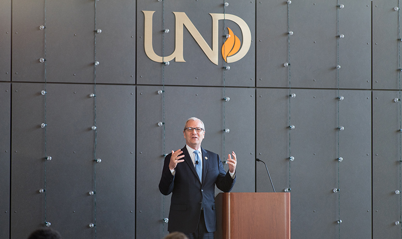 U.S. Rep. Kevin Cramer, R-N.D., the featured speaker for this year’s Frank Wenstrom Lecture at the University of North Dakota’s Gorecki Alumni Center, spent more than an hour Tuesday night taking his audience on a philosophical ride through the history of American politics. Photo by Tyler Ingham.