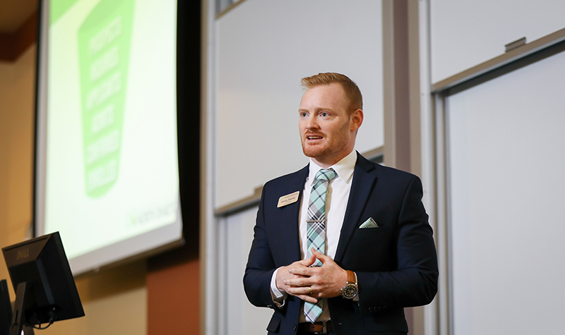 Jason Trainer (above), UND director of admissions, took time at the latest UND Provost Fora to explain how the work of the marketing and web teams correlates to increasing recruitment. Photo by Shawna Schill.