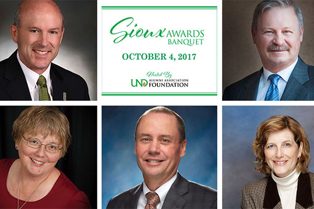 2017 Sioux Award honorees are (clockwise) Tim O'Keefe, Al Royse, Lucy Dalglish, Jack Muhs and Jeanne Pfeiffer. Images courtesy of the UND Alumni Association & Foundation.