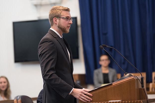 Corey Haller, second-year law student, argued for the state in the moot court competition. Photo by Jackie Lorentz/UND Today