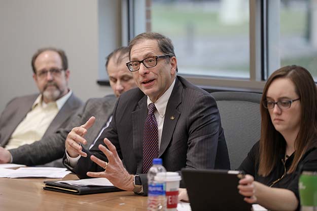 Dr. Joshua Wynne, UND vice president for health affairs and dean of the School of Medicine & Health Sciences, was among those who gathered on Nov. 27 to discuss the progress of the One UND Strategic Plan. Photo by Shawna Schill/UND Today.